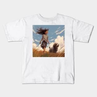 Windy Day to walk her dog Kids T-Shirt